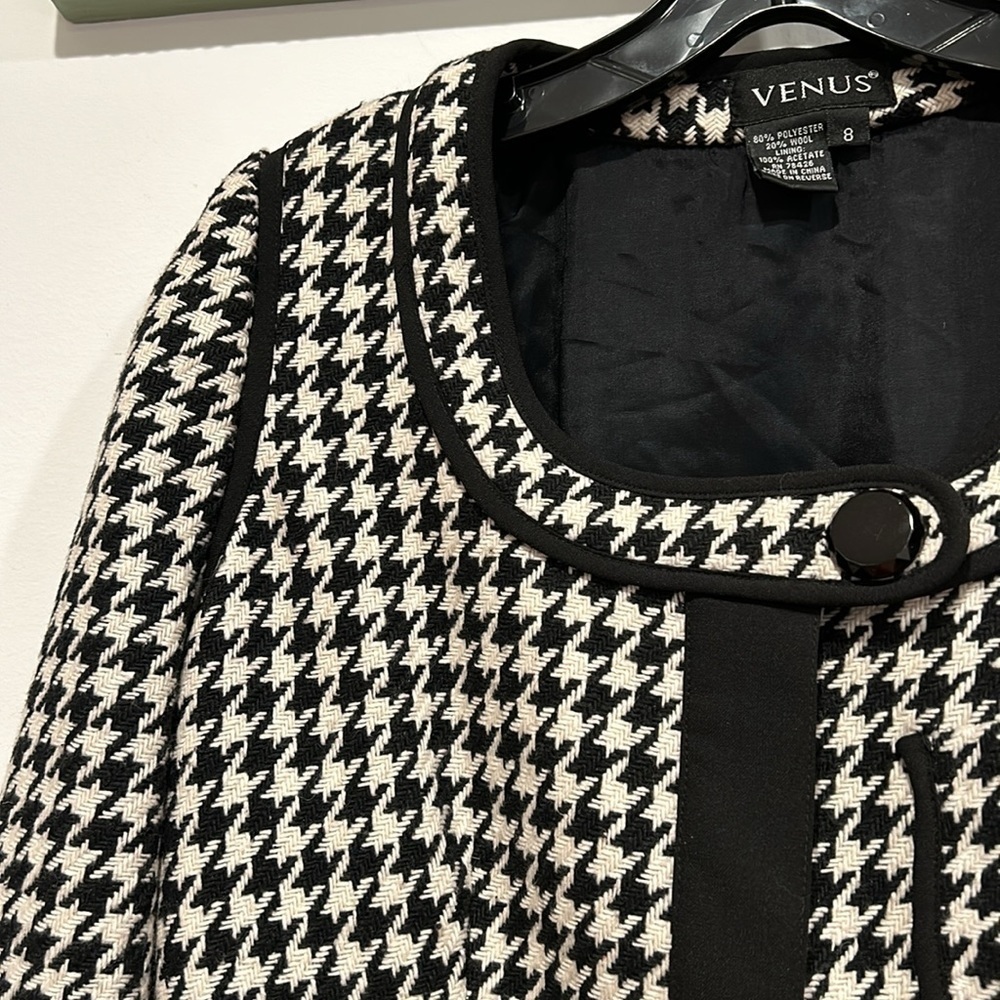 VENUS Paris Houndstooth black & white wool chic concealed zip jacket women’s 8 - Picture 6 of 7